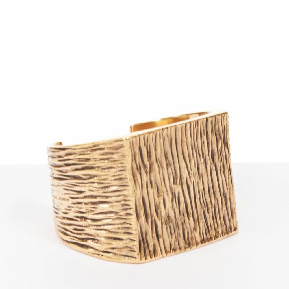 Saint Laurent gold tone bark wood textured square cuff bangle